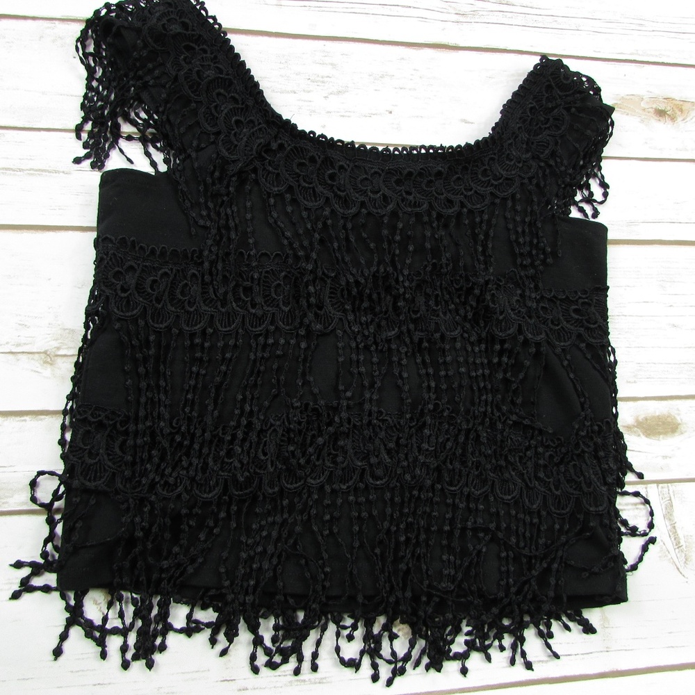 Black Fringe Crop Tank Top BOHO Festival - Picture 6 of 7